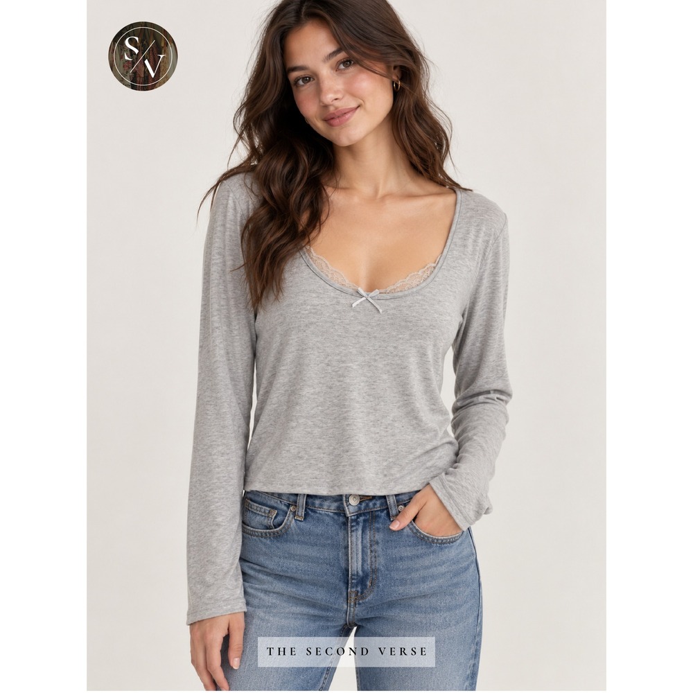 Full Tilt Heather Gray Lace Trim Bow Scoop Neck Long Sleeve Top Balletcore